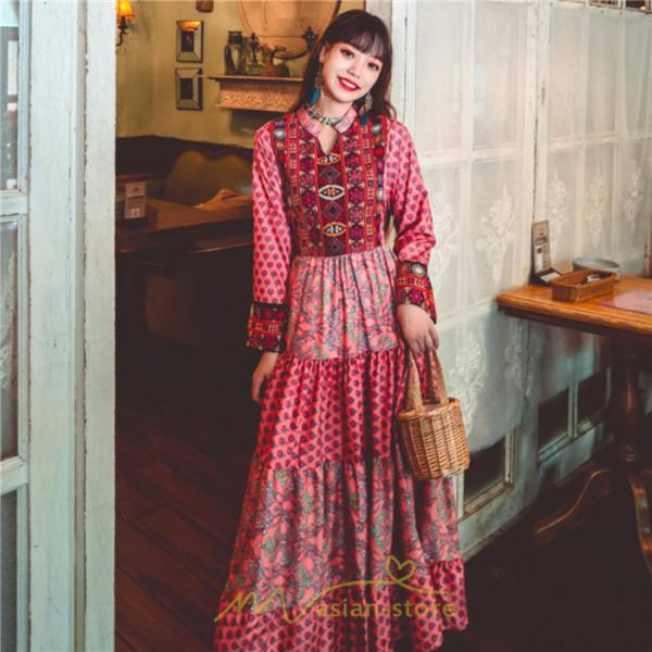 マキシ | ワンピース ロング 着やせ効果抜群 夏秋 長袖 他と被らない 刺繍 上品 きれいめ ロングワンピース マキシワンピ 舞台 演出 パーティー ダンス