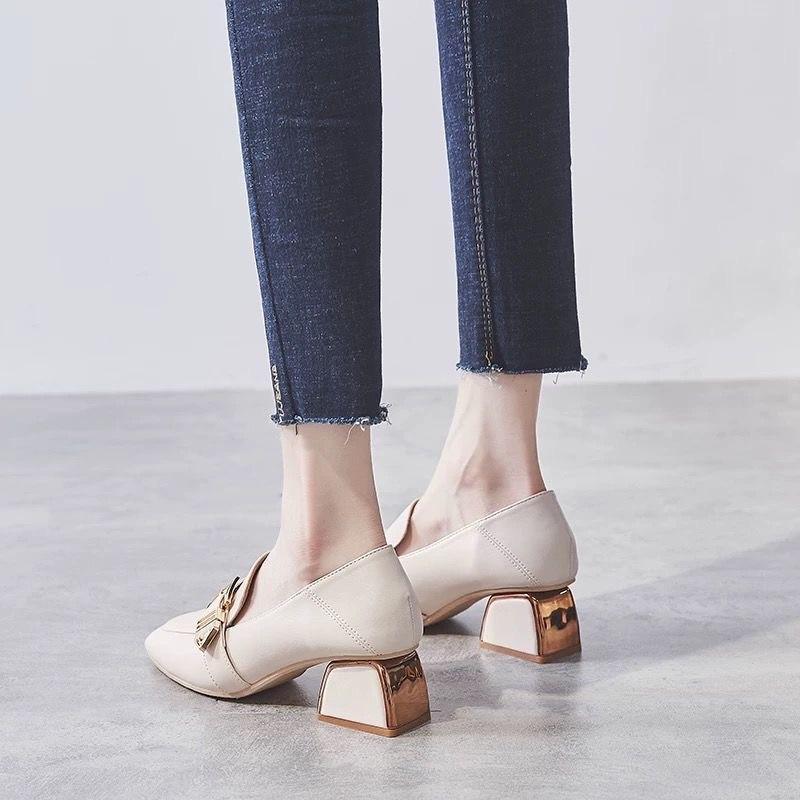 パンプス | スクエアトゥ チャンキーヒール ミドルヒール スリッポン レディース スリップオン シューズ 太ヒール ローファー 黒 22.5cm-25cm ブラック 30代