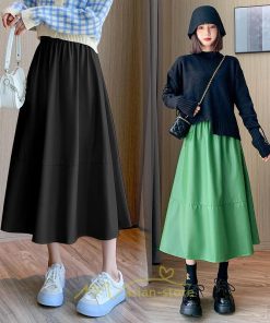 スカート | Pu秋冬 合皮ロングウエストゴム Aラインゆったり 体型カバー ハイウエスト 大人 無地 通学通勤 フレア 広い幅 可愛い