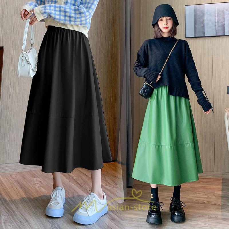 スカート | Pu秋冬 合皮ロングウエストゴム Aラインゆったり 体型カバー ハイウエスト 大人 無地 通学通勤 フレア 広い幅 可愛い