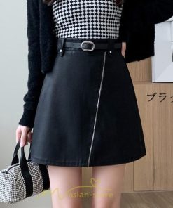 スカート | レザーボトムス ミニAライン 秋冬 レディース 革通勤 着痩せ フェイクレザー インナーパンツ付き ベルト付き ジッパー