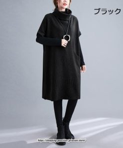 マキシ | ニットワンピース レディース チュニック デザイン タートルハイネック ニット 暖か 斜めスリット 着痩せ キレイめ 上品 おしゃれ フェミニン 通勤