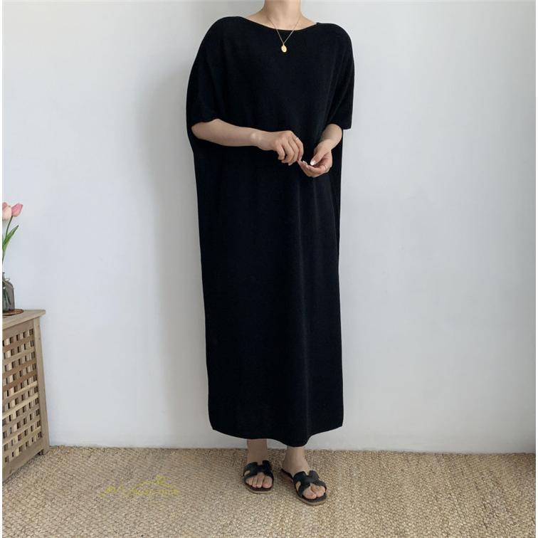 マキシ | ワンピース 夏 春 レディース 半袖 カジュアル 30代 20代 ロング かわいい 無地 5分袖 ゆるシルエット 体型カバー ビッグシルエット カジュアル