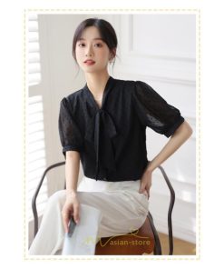 シャツ・ブラウス | ブラウス レディース おしゃれ きれいめ 半袖ブラウス カジュアル 無地 フォーマル オフィス オフホワイト 黒 シフォン OL 蝶結び 通勤 新作 お出かけ ビジネス