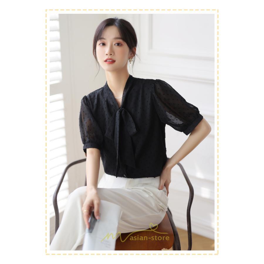 シャツ・ブラウス | ブラウス レディース おしゃれ きれいめ 半袖ブラウス カジュアル 無地 フォーマル オフィス オフホワイト 黒 シフォン OL 蝶結び 通勤 新作 お出かけ ビジネス