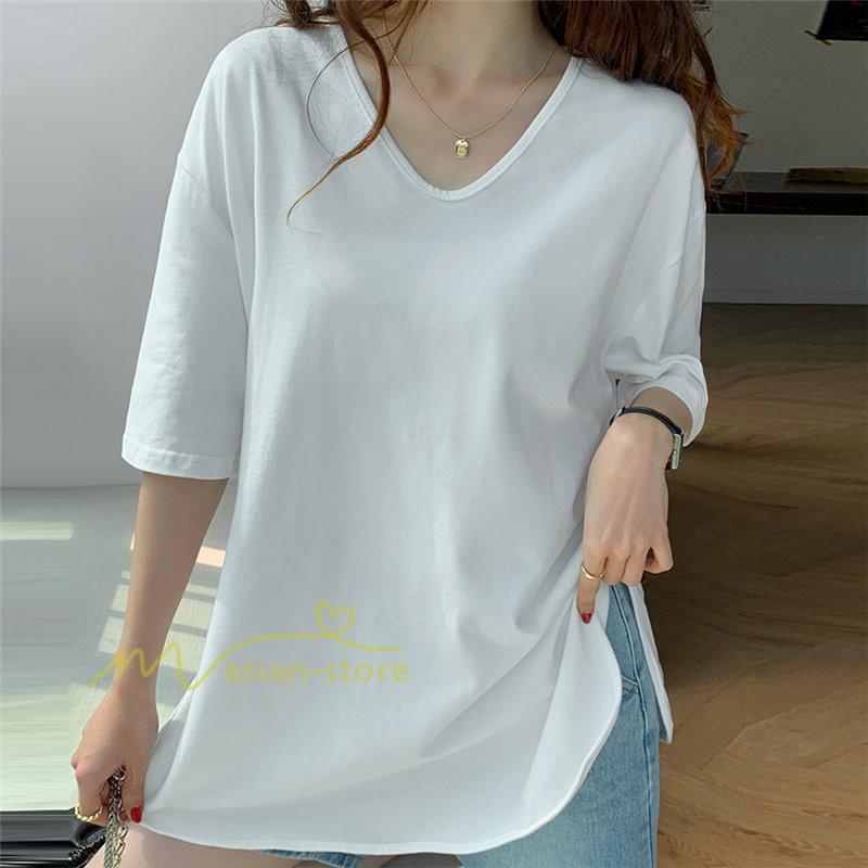 tシャツ・カットソー | Tシャツ ティーシャツ トップス カットソー レディース 春 夏 半袖 無地 綿 スリット 20代30代40代50代 お出かけ 体型カバー 通勤通学 着回し カジュアル 上品