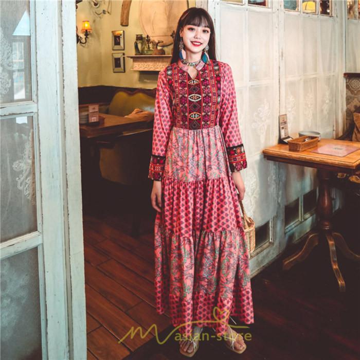 マキシ | ワンピース ロング 着やせ効果抜群 夏秋 長袖 他と被らない 刺繍 上品 きれいめ ロングワンピース マキシワンピ 舞台 演出 パーティー ダンス