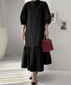 マキシ | シャツワンピース 7分袖 無地 切り替え モックネック シンプル レディース カジュアルワンピース 秋コーデ マーメイドワンピ 前開き Aライン 大きいサイズ 秋