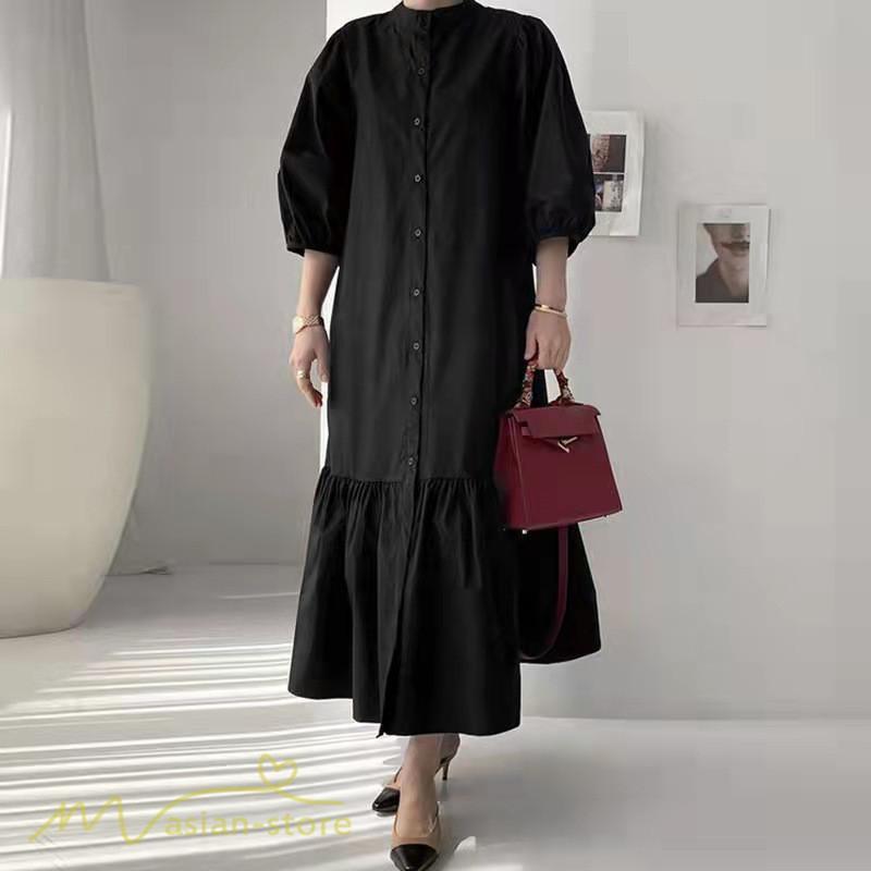 マキシ | シャツワンピース 7分袖 無地 切り替え モックネック シンプル レディース カジュアルワンピース 秋コーデ マーメイドワンピ 前開き Aライン 大きいサイズ 秋
