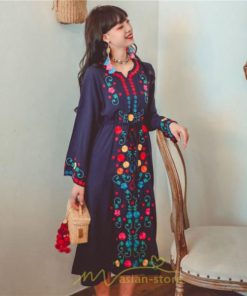 マキシ | ワンピース コットン 長袖ワンピース カジュアル ゆったり ナチュラル シンプル 可愛い 夏 秋 エスニック Vネック 鎖骨 レトロ 黄色 刺繍 白 青 三色展開