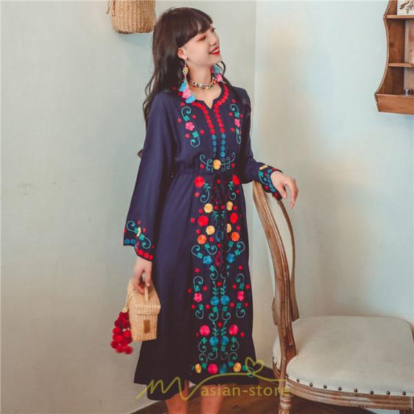 マキシ | ワンピース コットン 長袖ワンピース カジュアル ゆったり ナチュラル シンプル 可愛い 夏 秋 エスニック Vネック 鎖骨 レトロ 黄色 刺繍 白 青 三色展開