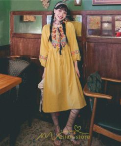 マキシ | ロングワンピース  レディース 夏 秋 夏秋 リゾート ロング ワンピ 長袖 大人 白 黄色 青 赤 四色展開 がーりー 刺繍 レトロ風 かわいい おしゃれ きれいめ 上品