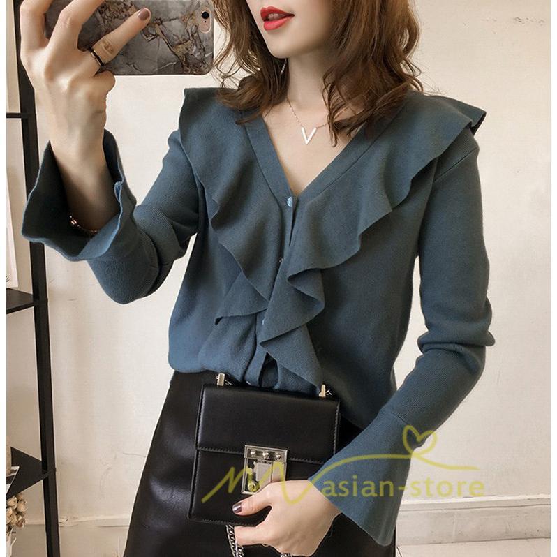 在庫ある | 短納期ニットインナーレディーストップス ニットブラウス フレアファッション フォーマルオフィスビジネスカジュアルブラウス 薄手 通学通勤 可愛い 着痩せ OL