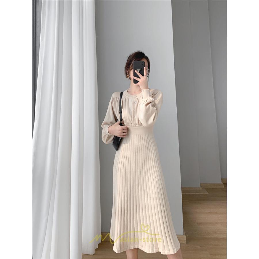 ニットワンピース | レディース 冬 きれいめ ロング おしゃれ 秋冬 長袖 送料無料 着痩せ 無地 通勤 提灯袖 可愛い パフスリーブ 20代30代40代50代