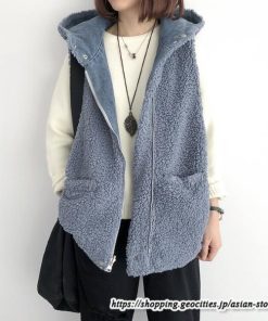 ベスト | ファーレディース 秋冬 デニムフード付き ミドル丈 両面 リバーシブル ジップアップ ファー 厚手 アウター 20代50代 大人 カワイイ 防寒 防風