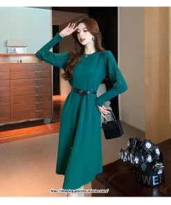 ミディアム | ワンピース 無地 きれいめ 30代 40代 50代 着やせ 上品 大きいサイズ ミモレ丈 長袖 春夏秋冬 丸首 ミモレ丈 ひざ丈 長袖 パフスリーブ