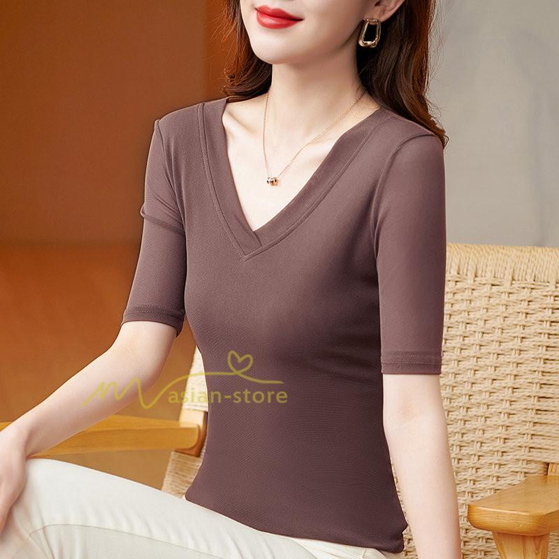 tシャツ・カットソー | Tシャツ レディース カジュアル Vネック おしゃれ 女性用 シンプル 無地 20代30代40代50代 カシュクール インナー フェミニン 上品 お出かけ 着痩せ カジュアル