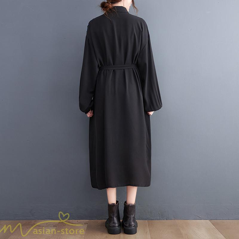 シャツワンピース | ワンピース 長袖 秋 新作 チェック柄 ゆったり 切り替え フリーサイズ ウエストリボン 体型カバー シンプル 大人 バルーンスリーブ 前開き