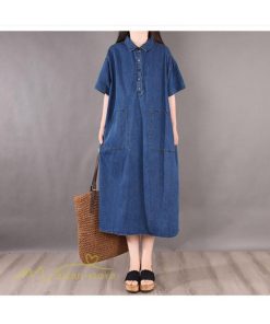 デニムワンピース | ワンピース シャツワンピース ロングデニムシャツワンピース 無地 膝丈 ゆったり 可愛い 半袖 カジュアル 夏コーデ 日常感 体型カバー 大人