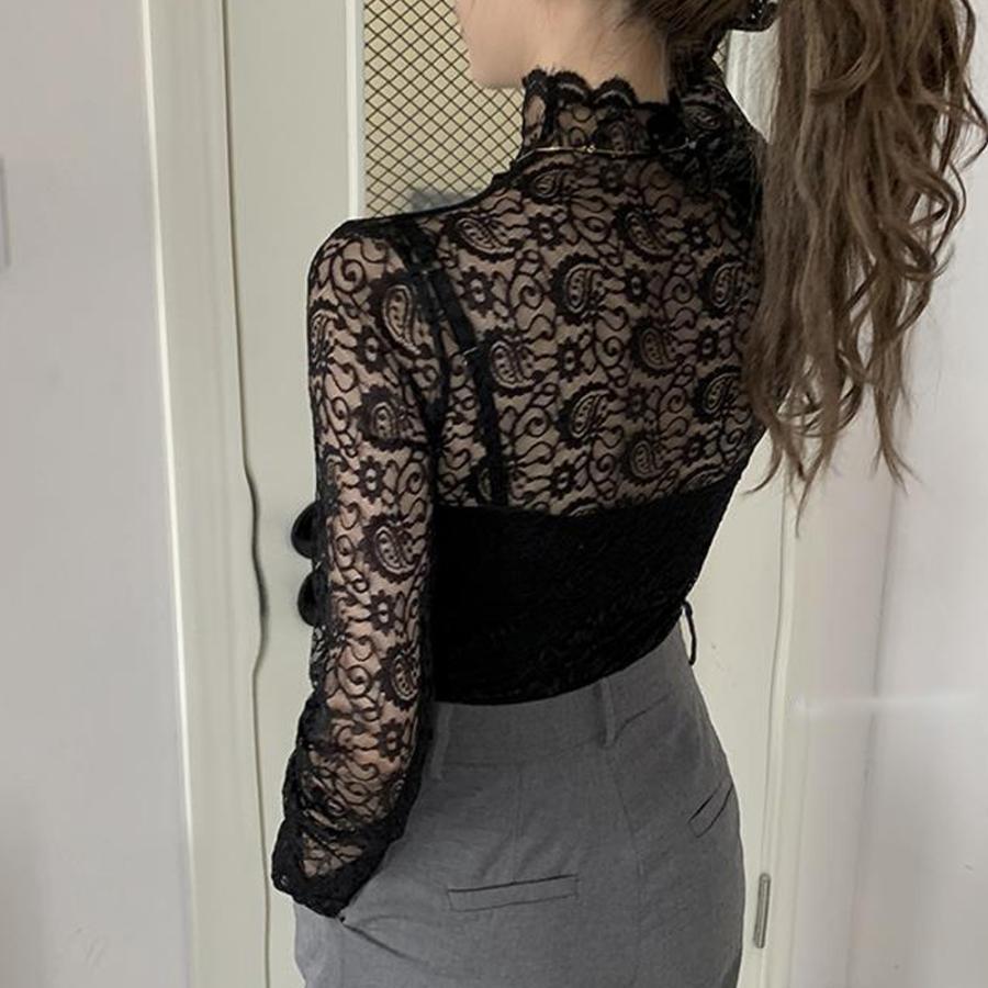 透かし編みトップス | トップス 総レース ハイネック カットソー インナー ペイズリー柄 レディース ブラウス シースルー セクシー おしゃれ