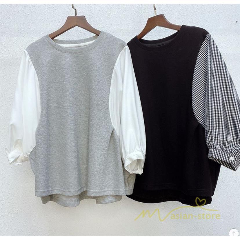 tシャツ・カットソー | 長袖ブラウス レディース Tシャツ 秋物 切替ブラウス 切替Tシャツ トップス 七分袖 長袖 夏秋物 ドッキングTシャツ 20代30代 長袖Tシャツ ドッキングブラウス
