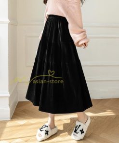 スカート | ロングティアードAラインミモレ丈 フレアビロードウエストゴム ハイウエスト 秋冬 無地 ゆったり