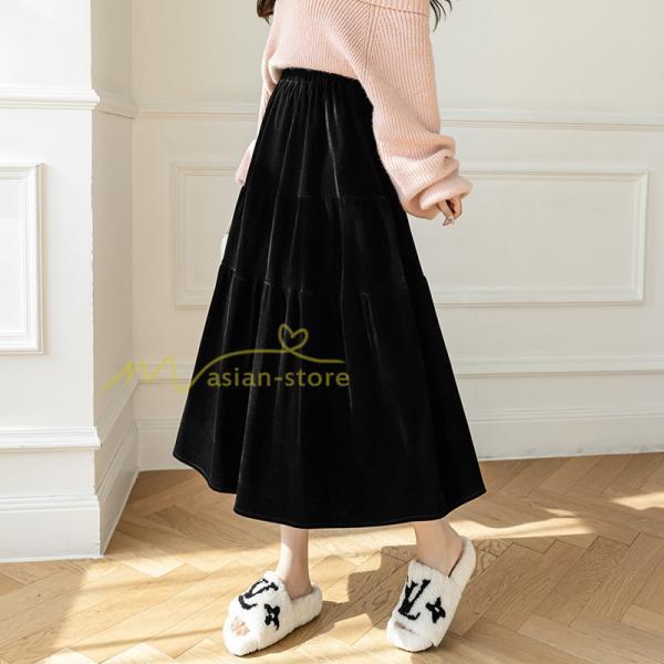 スカート | ロングティアードAラインミモレ丈 フレアビロードウエストゴム ハイウエスト 秋冬 無地 ゆったり