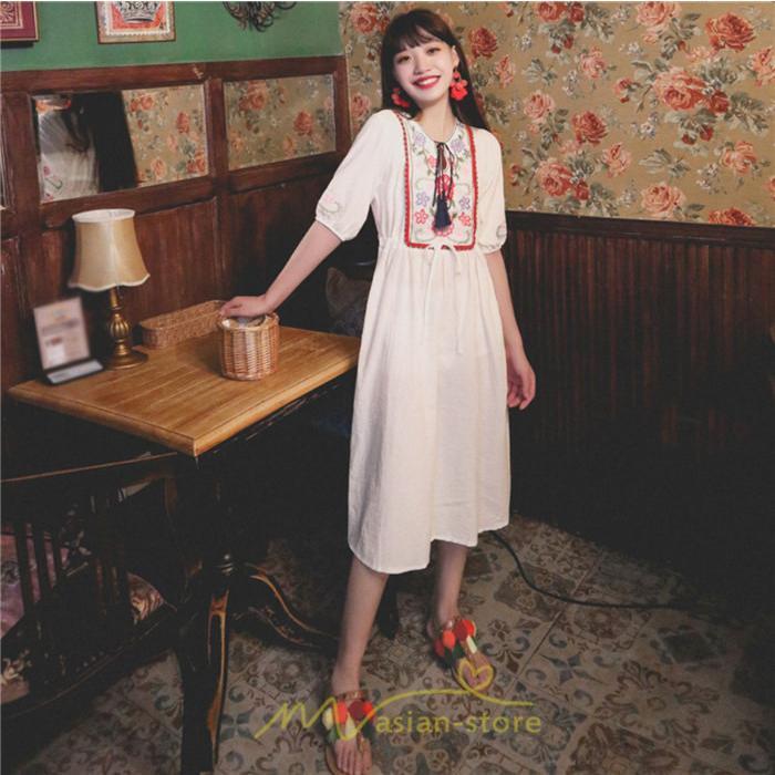 マキシ | ワンピース レディース 刺繍 綿麻 レトロ調 インスタ映え ナチュラル エスニック風 民族風 ボヘミアン 柔らかい SNS映え リゾート 赤 黄色 撮影 白