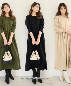 マキシ | ワンピース レディース ウエスト切替 スウェット素材 ロングワンピース タック入 L XL XXL シンプル カジュアル キレイめ 40代 通勤 オシャレ 50代 30代 20代