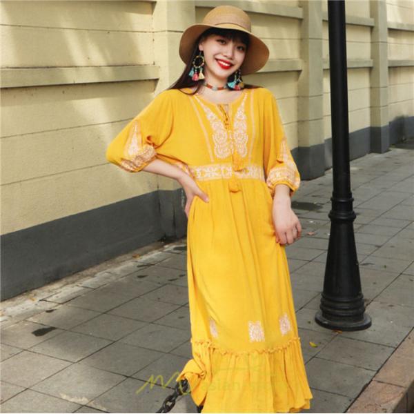 マキシ | ワンピース きれいめ レディース 夏 秋 ロング 上品 大人 七分袖 お出かけ 高見え 赤 白 黄色 上質 20代 50代 40代 ゆったり リゾート 30代 旅行 体型隠し