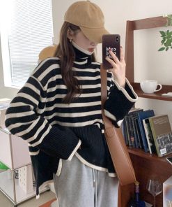 ニット・セーター | タートルネックボーダーニットトップス冬服