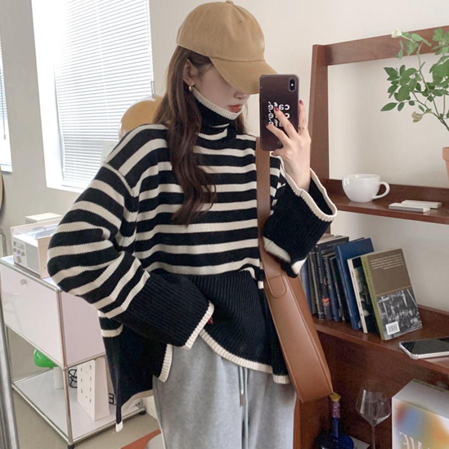 ニット・セーター | タートルネックボーダーニットトップス冬服