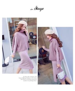 在庫ある | 短納期ニットワンピース ニットトップス 2点セット セットアップ タイトワンピース 裾スリット ハイネックショート丈トップス 長袖 シルエット OL カットソー