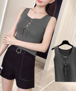 Tシャツ・カットソー | ニットキャミソール レースアップ 春夏 ノースリーブ レディース ニットビスチェ タンクトップ トップス