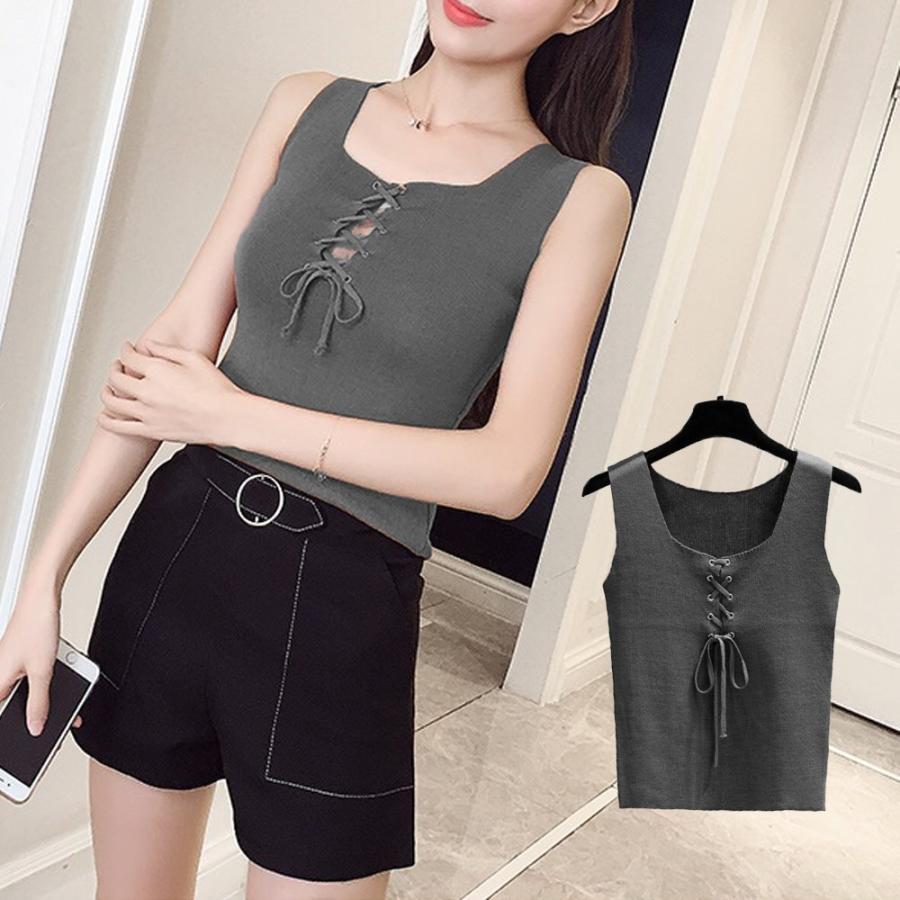 Tシャツ・カットソー | ニットキャミソール レースアップ 春夏 ノースリーブ レディース ニットビスチェ タンクトップ トップス