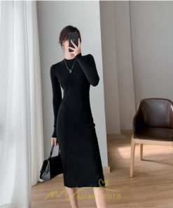 ニットワンピース | タイト ワンピース ニット レディース 秋冬 ワンピース 結婚式 ミモレ丈 ロング丈 着痩せ 通勤 上品 オフィス 高級感 おしゃれ 暖か