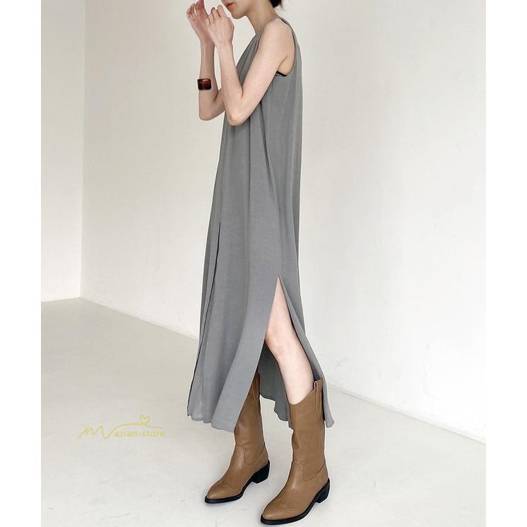 ノースリーブ | ワンピース マキシワンピース マキシワンピ マキシ ロングワンピース ワンピ スリット シンプル 無地 春夏 フレアワンピース ゆったり