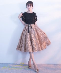 大人 | パーティードレス ドレス 刺繍 切り替え 上品 膝丈ワンピース 半袖 エレガント 二次会 結婚式 お呼ばれドレス 披露宴 黒+カーキ 卒業式 フレアワンピース ママ