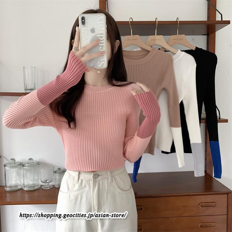 ニット・セーター | カットソー ニット レディース リブニット 長袖 秋冬 春 トップス スリム ストレッチ インナー 無地 長袖ニット 通学通勤 着痩せ 長袖カットソー プルオーバー