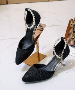 パンプス | ストラップサイドカット ポインテッドトゥ ピンヒール ストラップ 大きいサイズ 靴 黒 滑り止めソール シューズ 30代 ミドルヒール