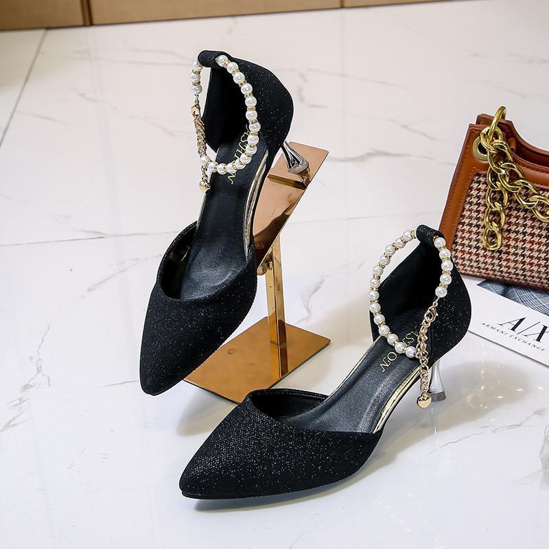 パンプス | ストラップサイドカット ポインテッドトゥ ピンヒール ストラップ 大きいサイズ 靴 黒 滑り止めソール シューズ 30代 ミドルヒール