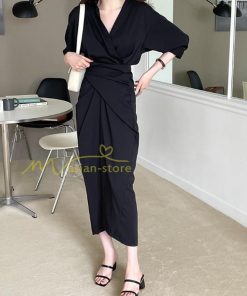 マキシ | ロングワンピース 夏ワンピース 薄手 黒ワンピース スリム 30代40代 大人 無地 シャツワンピース 七分袖 オフィス 涼感 セクシー Vネック フェミニン