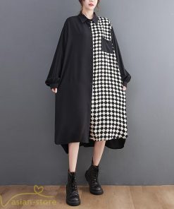 シャツワンピース | ワンピース 長袖 秋 新作 チェック柄 ゆったり 切り替え フリーサイズ ウエストリボン 体型カバー シンプル 大人 バルーンスリーブ 前開き