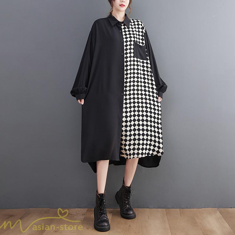 シャツワンピース | ワンピース 長袖 秋 新作 チェック柄 ゆったり 切り替え フリーサイズ ウエストリボン 体型カバー シンプル 大人 バルーンスリーブ 前開き