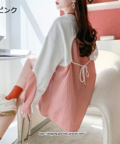 パーカー | 重ね着風トレーナー レディース 長袖 トップス カジュアル スウェット ストライプ柄 ゆったり トレーナー トップス きれいめ レイヤード風 可愛い 切り替え