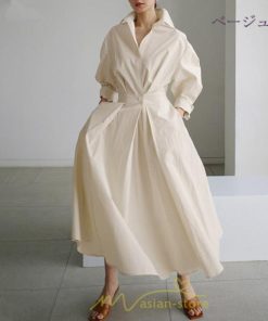 マキシ | 綿麻 リネン ワンピース ロング 長袖 無地 レディース ロング丈 体型カバー ゆったり 着痩せ ハイウエスト エレガント 通勤 デート 秋 お出かけ 春 冬