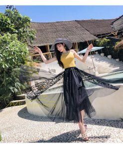 スカート | フレア チュールレディース ロングウエストゴム 春夏 リボン マキシ ドッキング 20代30代40代 着痩せ カジュアル お出かけ