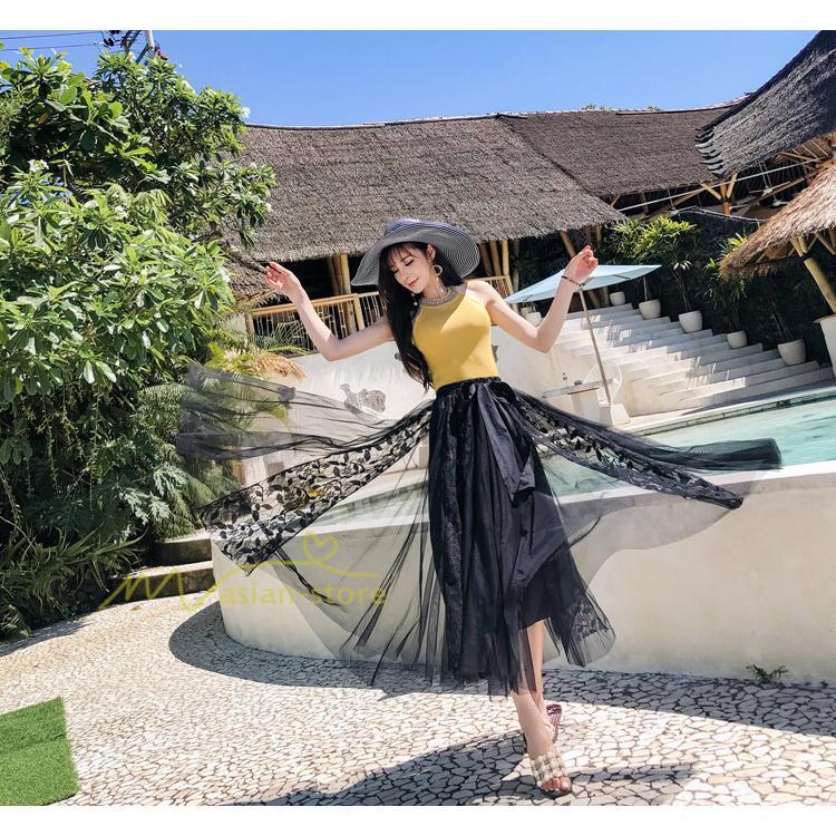 スカート | フレア チュールレディース ロングウエストゴム 春夏 リボン マキシ ドッキング 20代30代40代 着痩せ カジュアル お出かけ