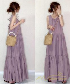 マキシ | ロングワンピース ノースリーブ タンクワンピース Aラインワンピース 揺れる ゆったり 海 旅行 レディース 秋服 無地 可愛い 夏物 インナー 後ろレースアップ