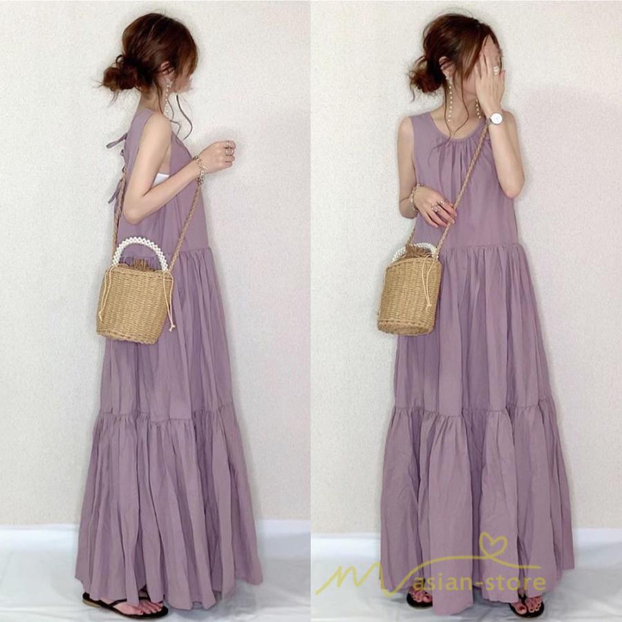 マキシ | ロングワンピース ノースリーブ タンクワンピース Aラインワンピース 揺れる ゆったり 海 旅行 レディース 秋服 無地 可愛い 夏物 インナー 後ろレースアップ